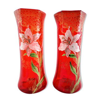 Pair of ruby red Legras enamelled vases