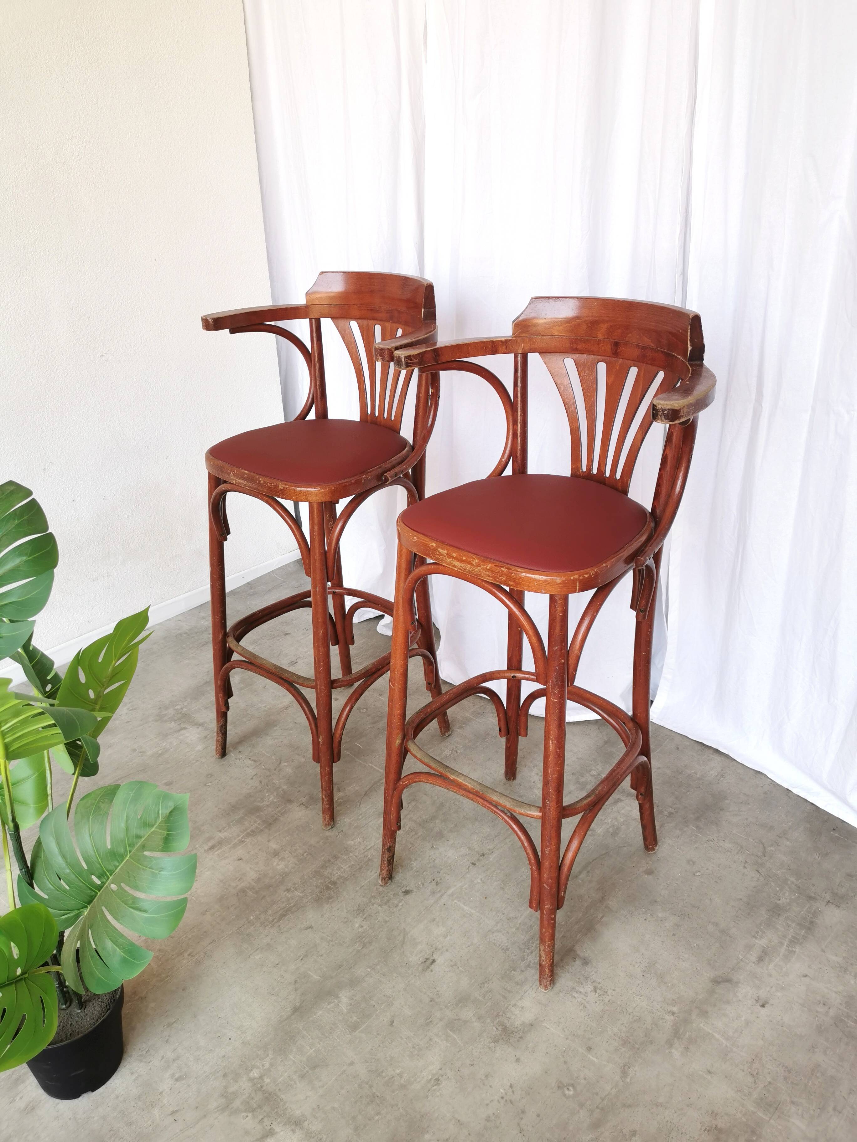 Set of 2 Vintage Bar Chairs: Red Leather Seat, High Pub Stools