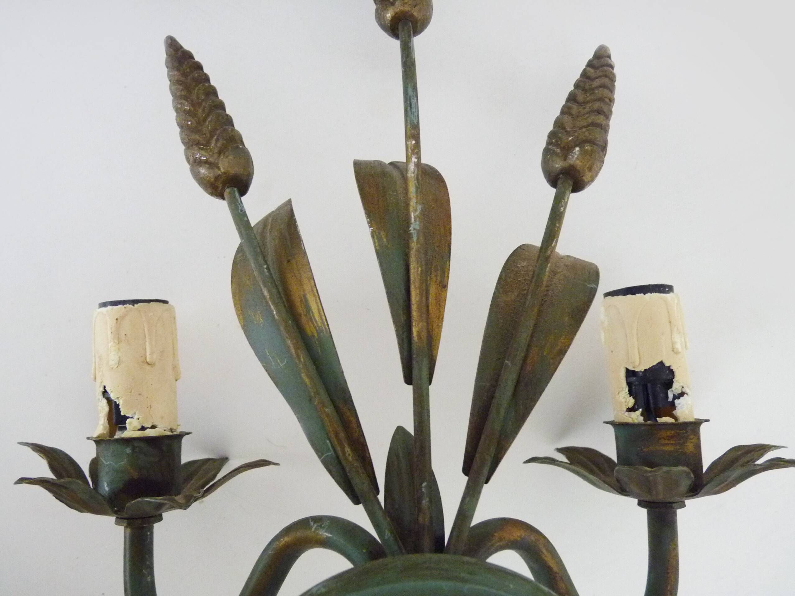 Pair of vintage metal wall sconces in the shape of wheat ears.