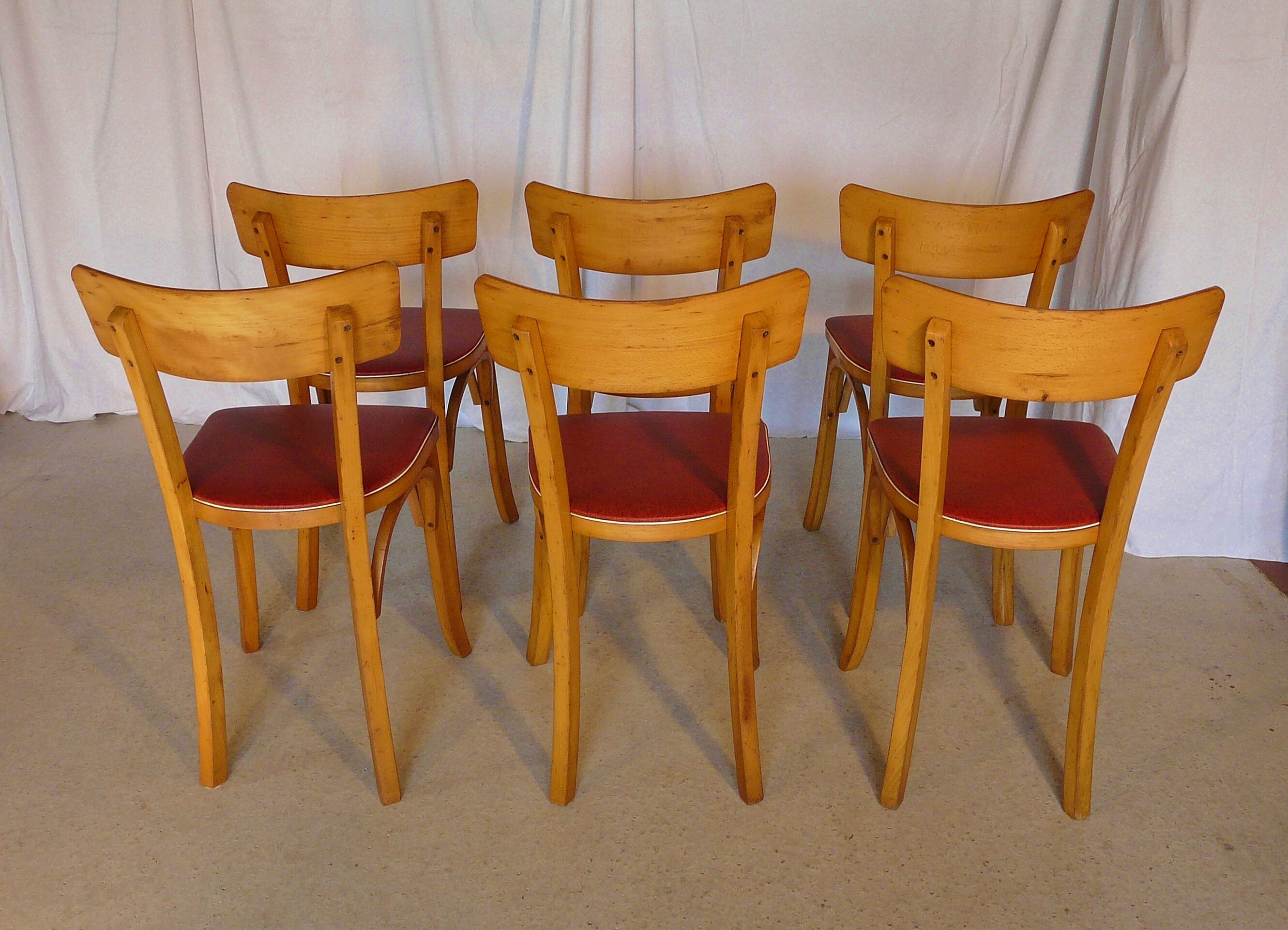 Six vintage Baumann bistro chairs in blond wood