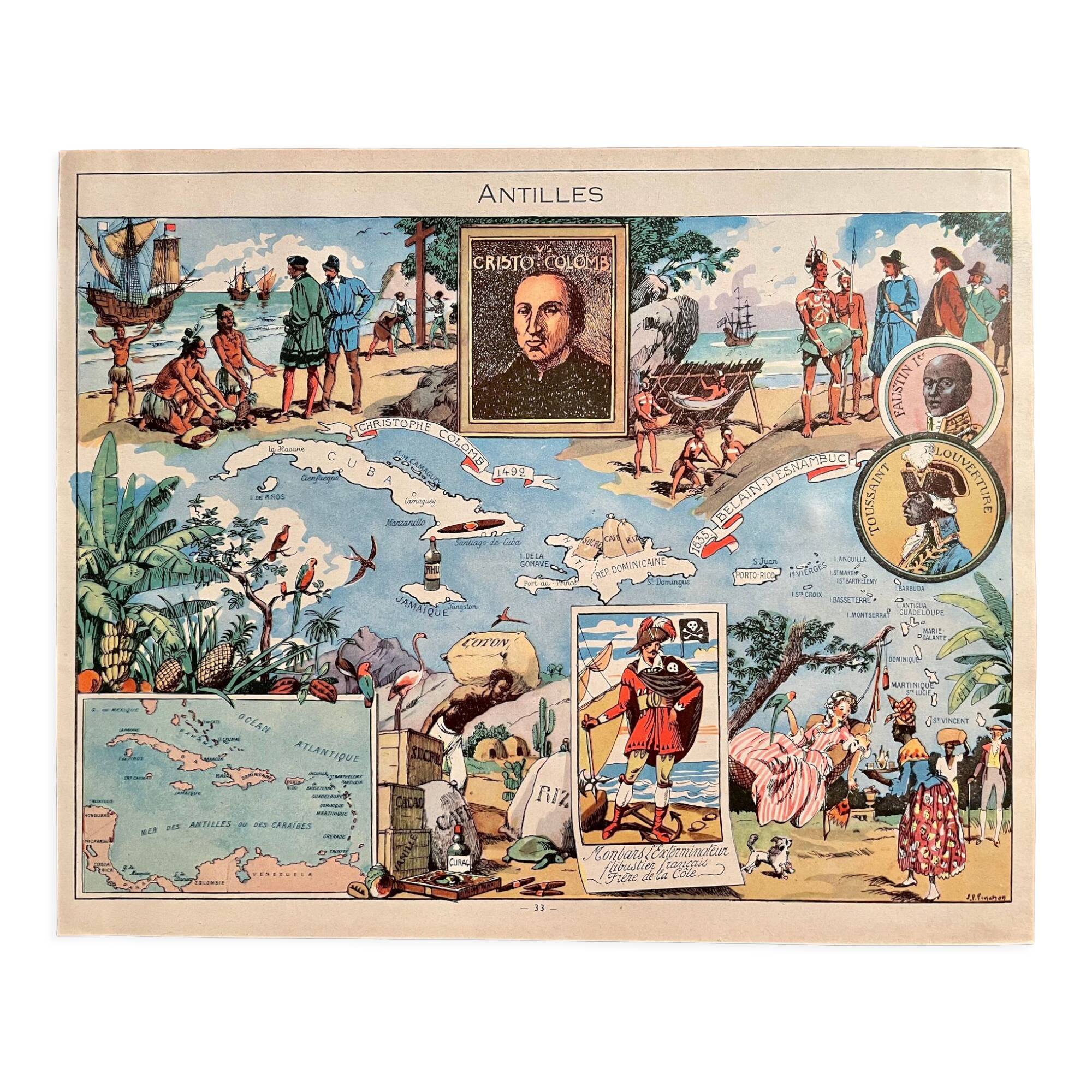 Old poster map of the West Indies - JP Pinchon - 1940