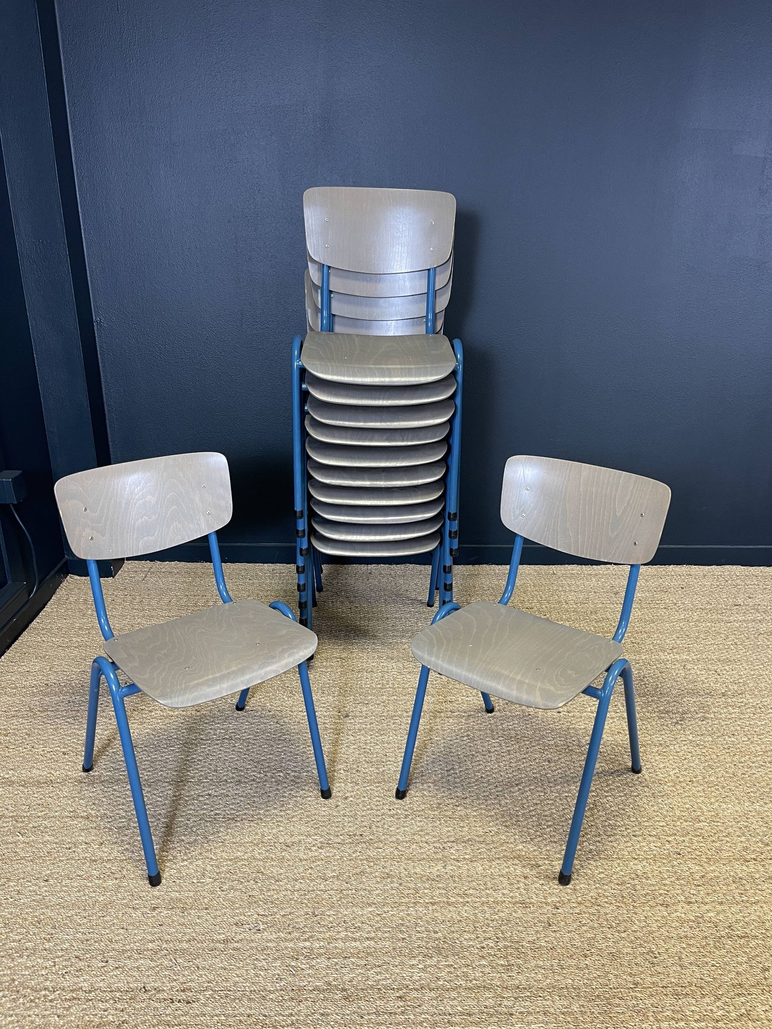 Set of 12 gray wood school chairs with blue feet Netherlands 70s/80s