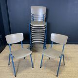 Set of 12 gray wood school chairs with blue feet Netherlands 70s/80s