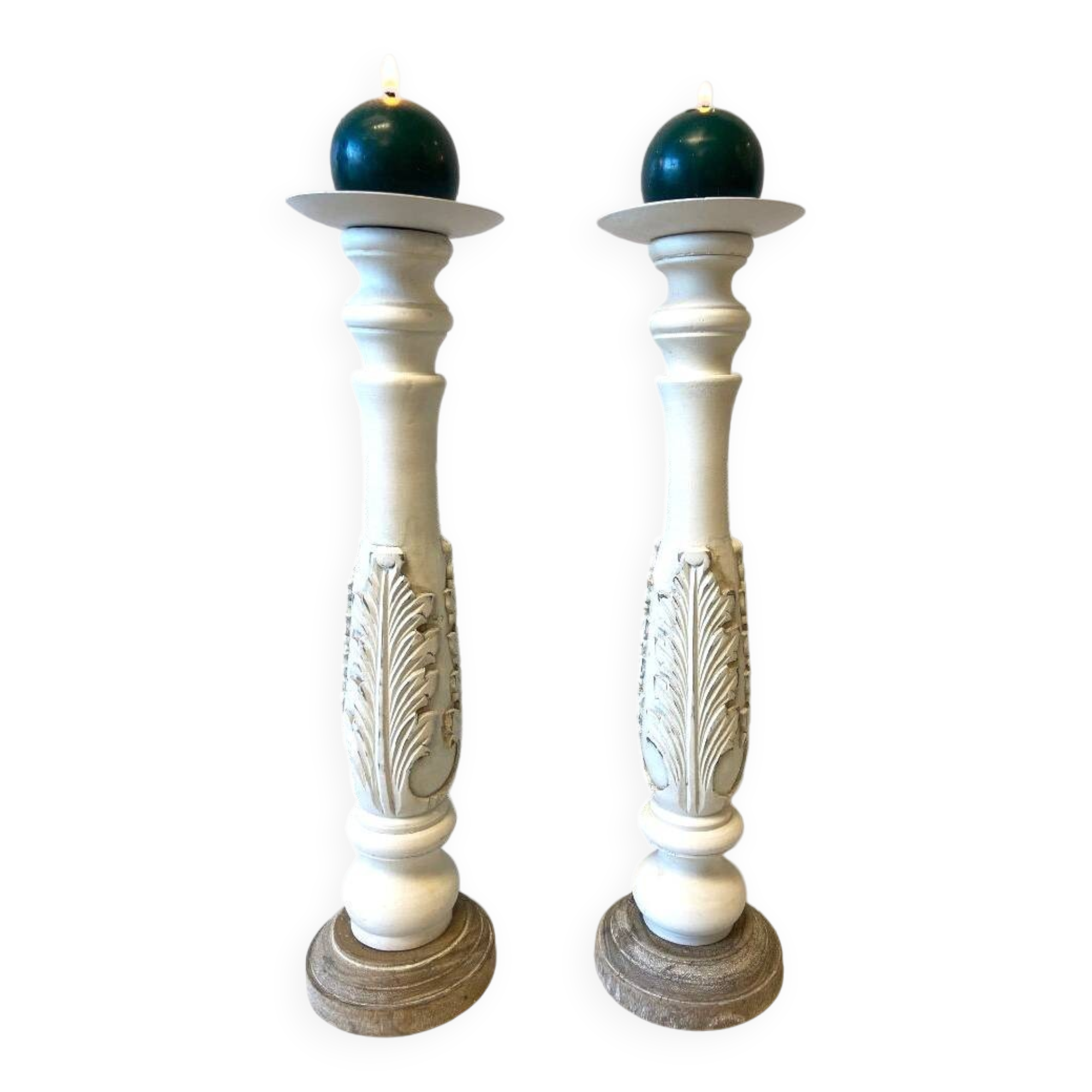 Pair of Candlesticks Candlesticks Turned Wood Carved Bleached Deco Art