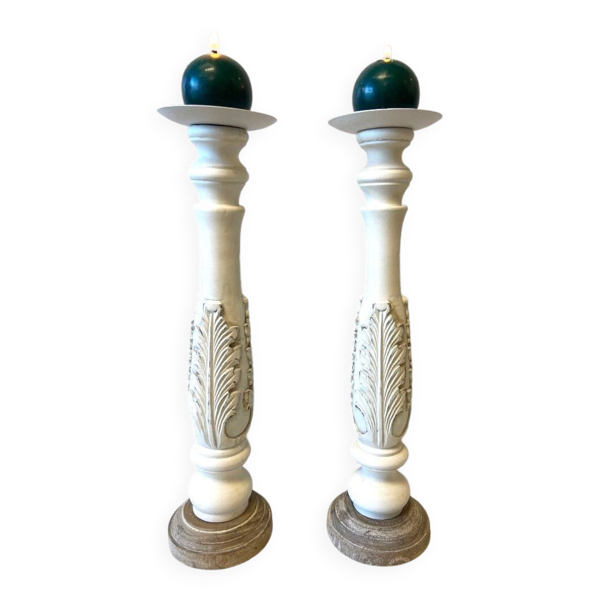 Paire de Bougeoirs Flambeaux Chandeliers Bois Tourné Sculpté Blanchi Déco Art