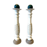 Pair of Candlesticks Candlesticks Turned Wood Carved Bleached Deco Art
