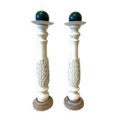 Paire de Bougeoirs Flambeaux Chandeliers Bois Tourné Sculpté Blanchi Déco Art