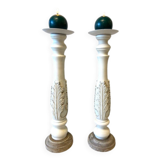 Paire de Bougeoirs Flambeaux Chandeliers Bois Tourné Sculpté Blanchi Déco Art