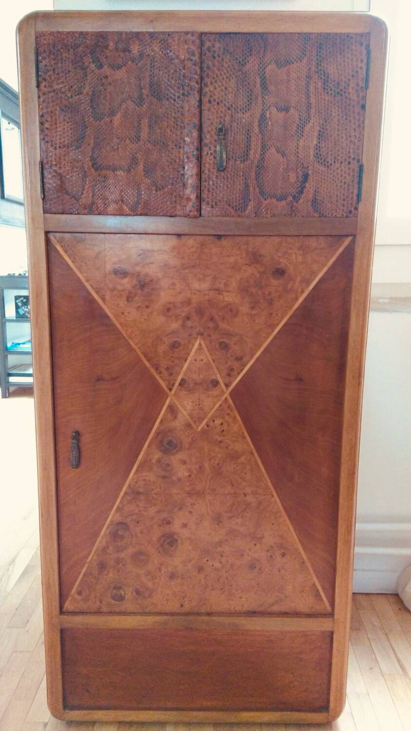 Art deco burl python walnut storage unit