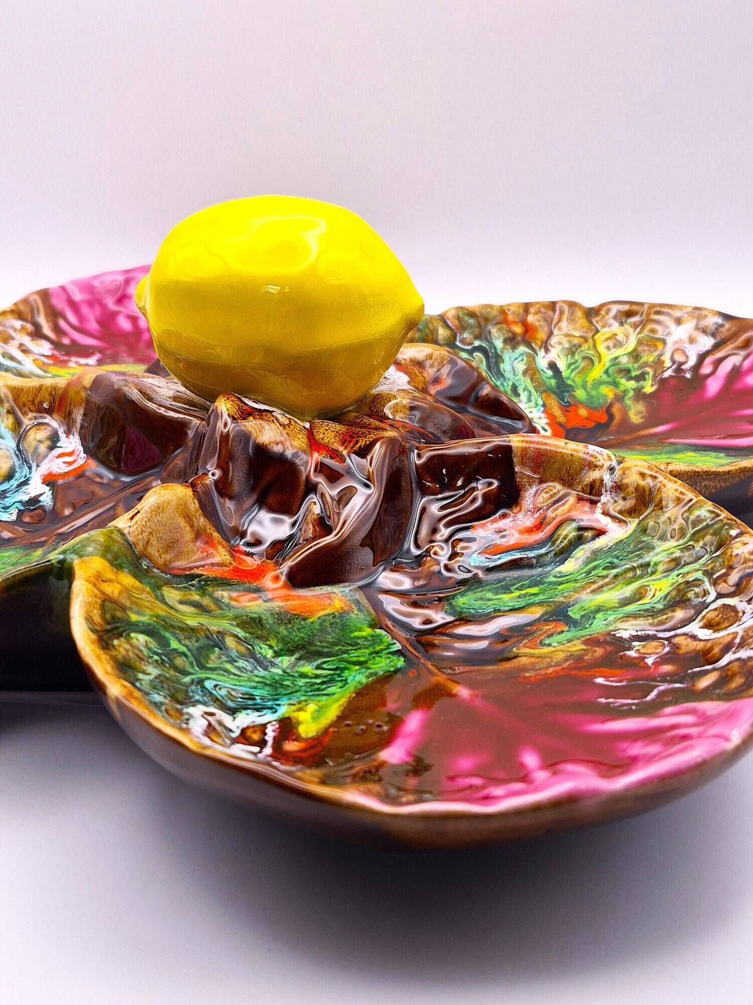 Vintage Vallauris A.M. plate – quadrilobed enamelled bowl with lemon – 50s