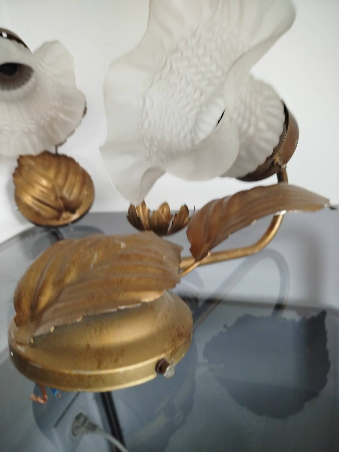 Pair of vintage flower & leaf style wall sconces - molded glass