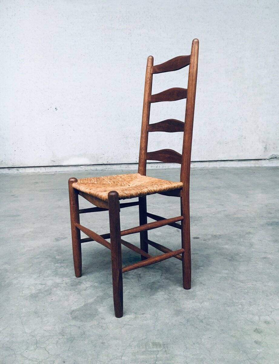 Rustic Handcrafted Oak and Rush High Back Dining Chairs, Belgium, 1940s, Set of 4