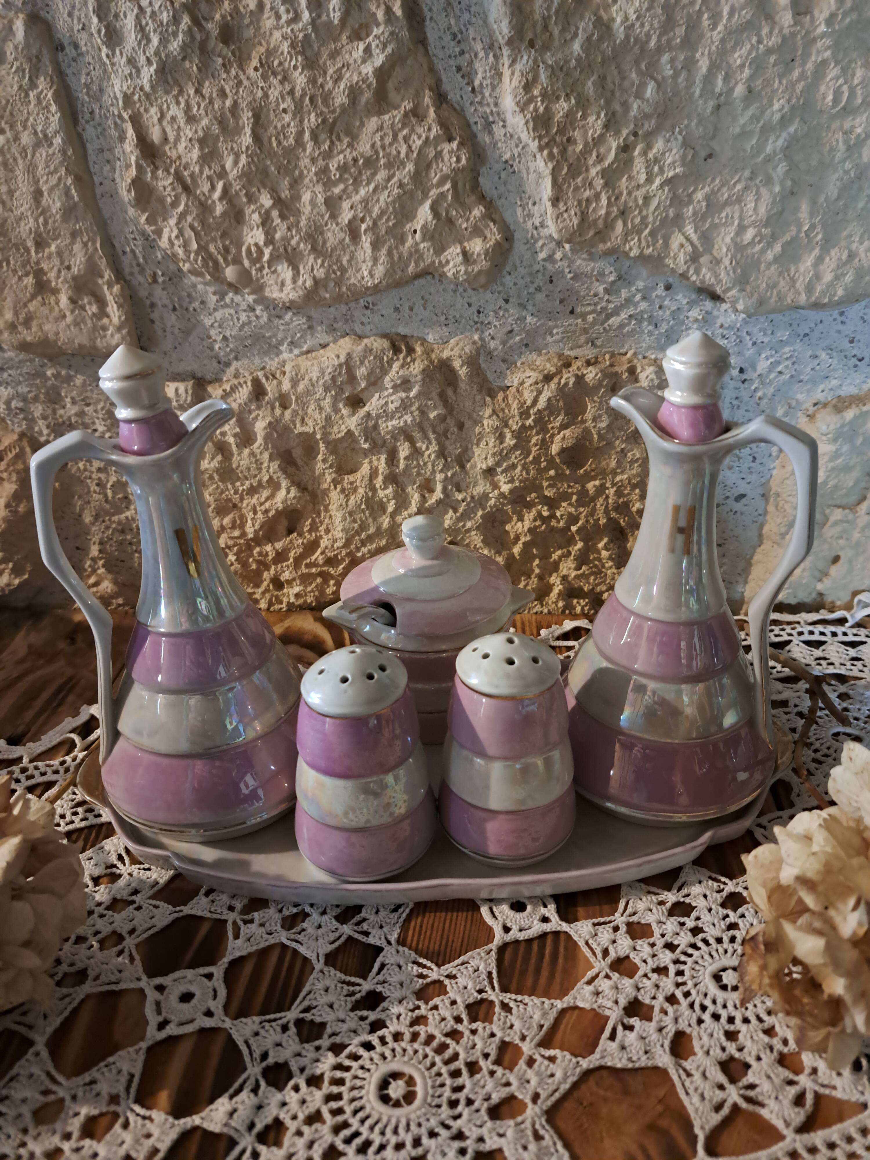 table server oil, vinegar, mustard, salt and pepper shakers with tray