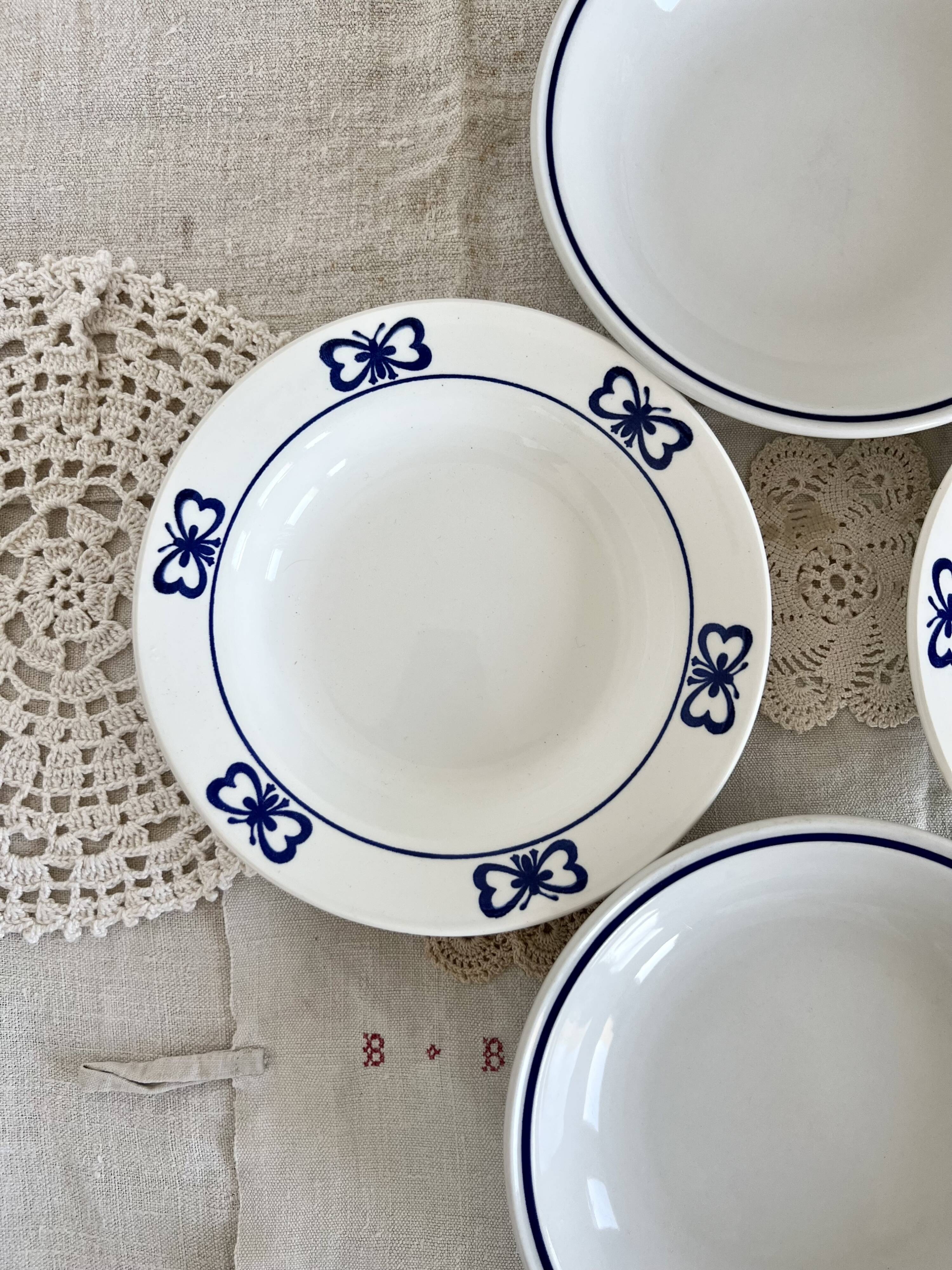 4 vintage mismatched deep plates blue white porcelain bistro butterflies