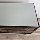 1960s chest of drawers in mahogany and lacquered mahogany with blue glass