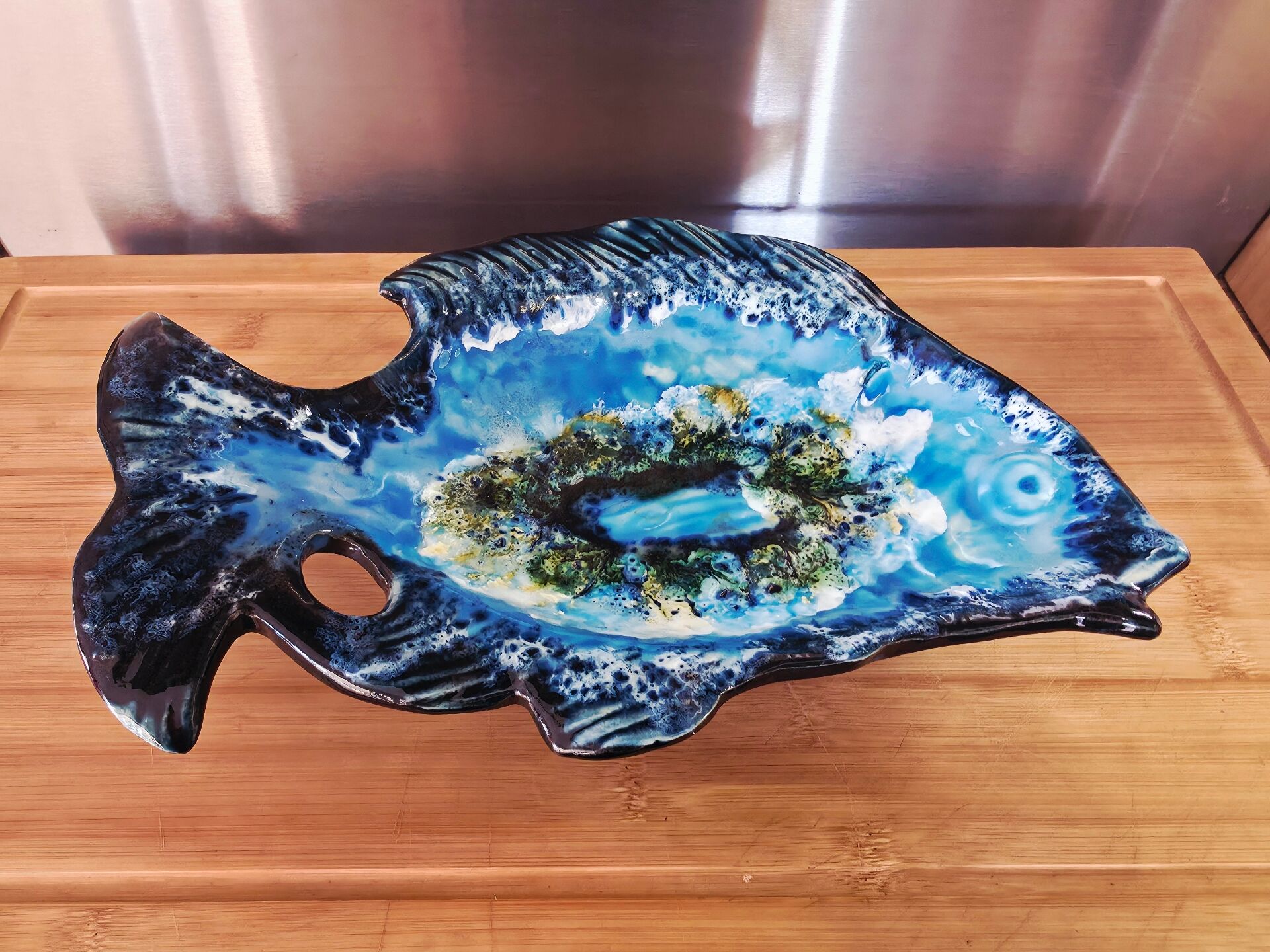 Vintage Vallauris Ceramic Fish Plate – Sea Foam Glaze –