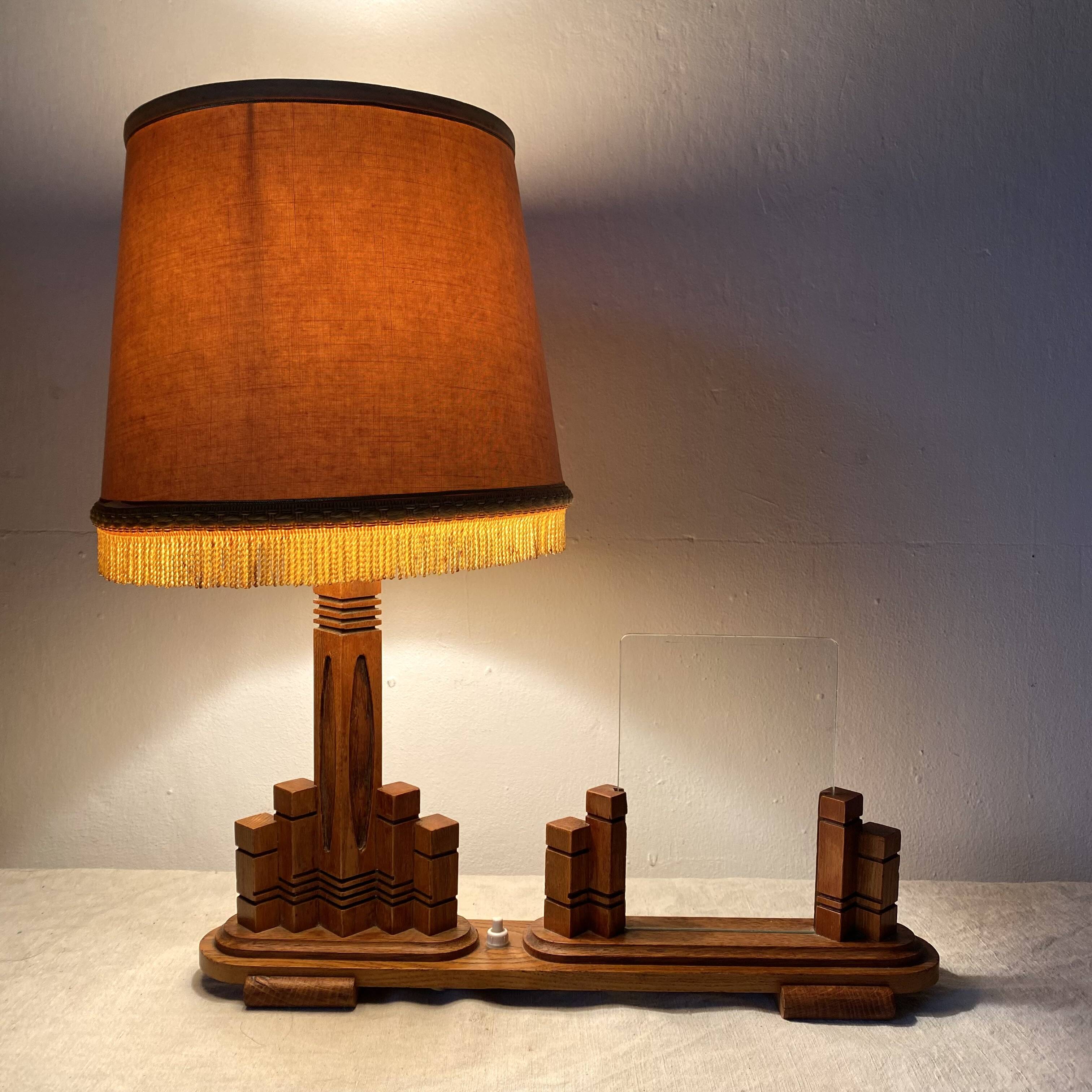 Art deco wooden lamp with photo holder