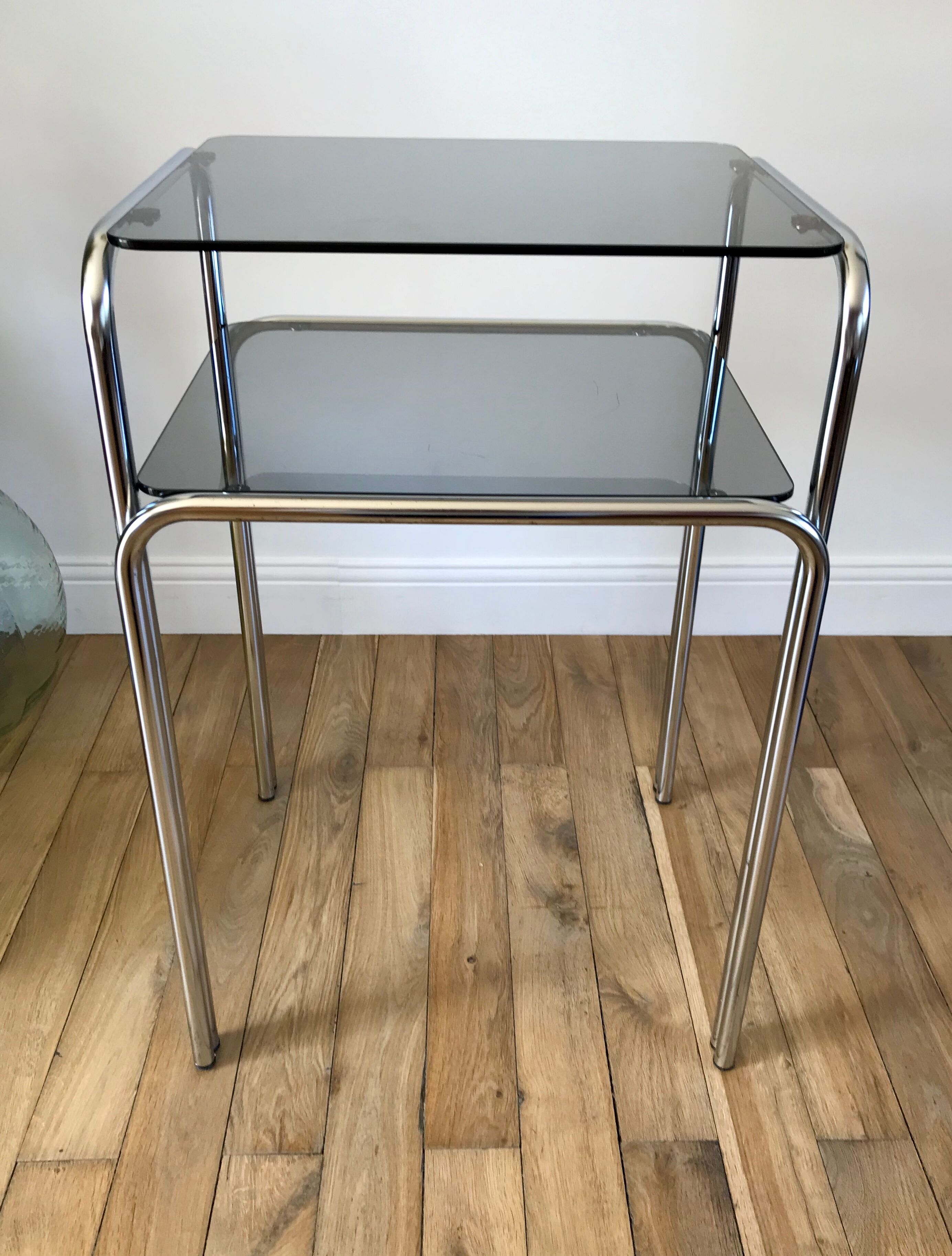 Side table in chrome and smoked glass 70s