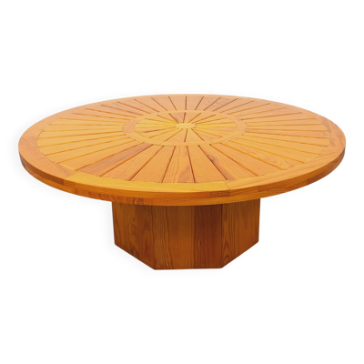 Table basse ronde vintage en pin des années 70