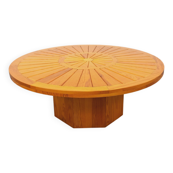 Table basse ronde vintage en pin des années 70