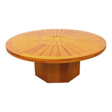 Table basse ronde vintage en pin des années 70