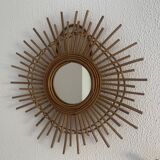 Miroir vintage 1960 soleil étoile asymétrique rotin osier - 52 cm