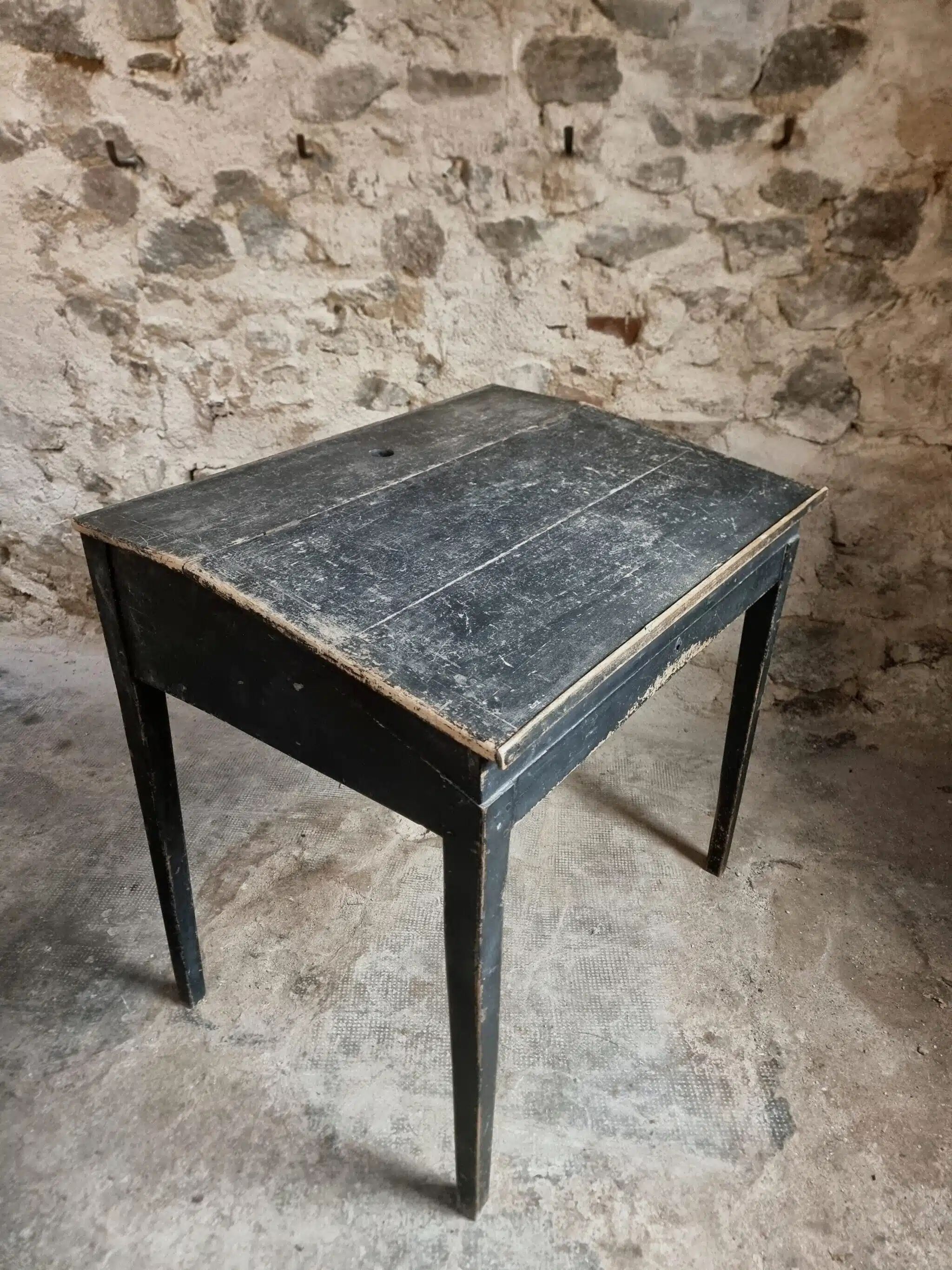 Bureau d'école français ancien, bureau d'écriture noir, bureau à abattant, vers 1900
