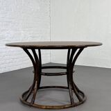 Round Oak Dining Table and Rattan Armchairs, Set of 5