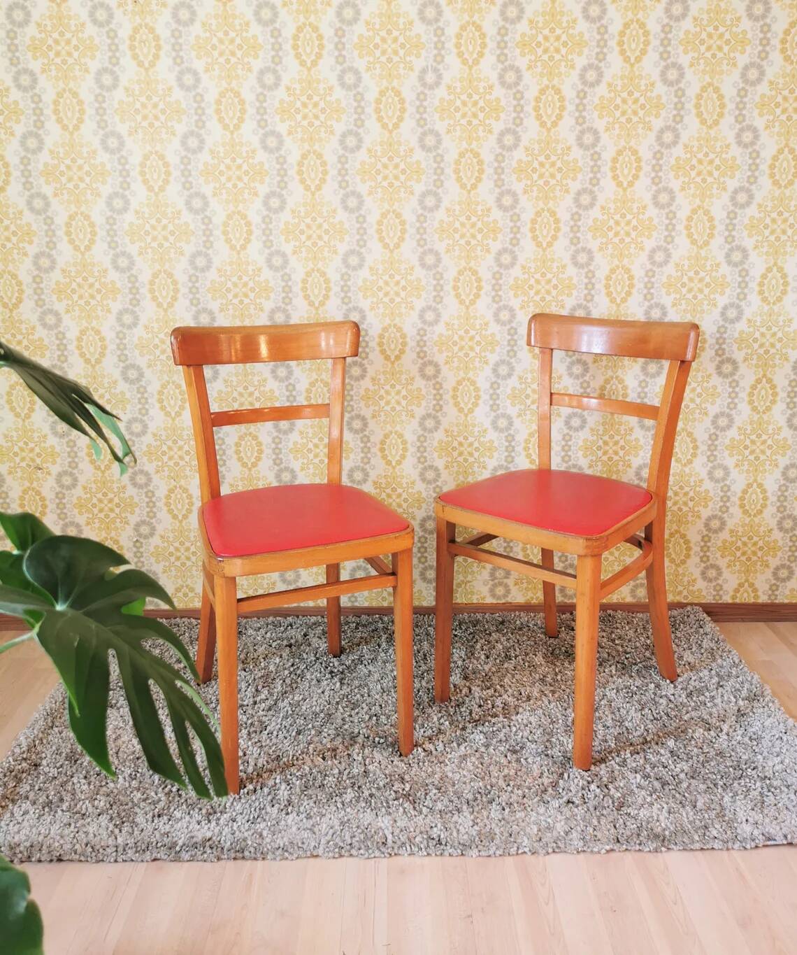 Vintage Wooden Dining Chair: Red Leather Seat, Mid-Century Modern