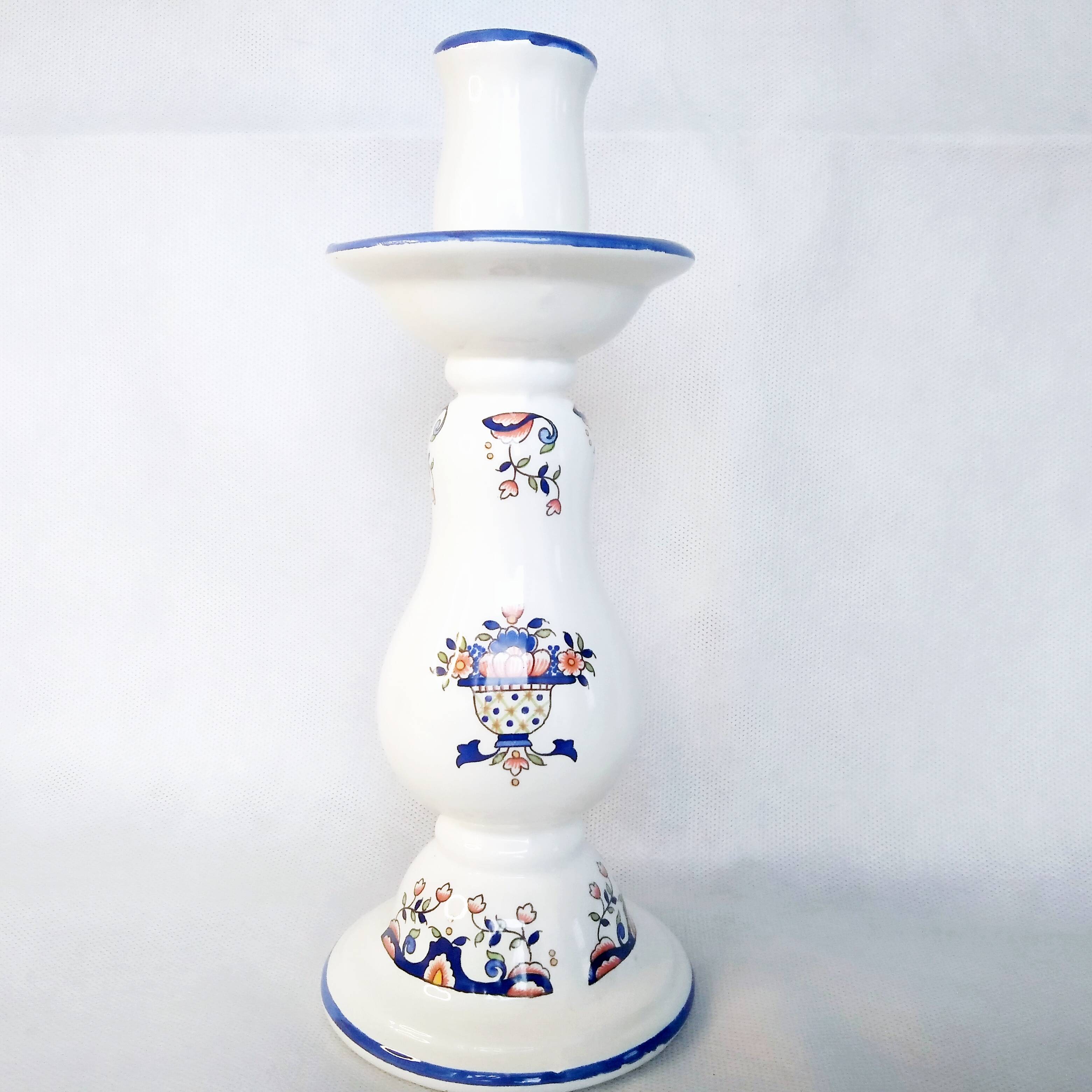 Old Rouen style earthenware candle holder decorated with flower basket 25 cm