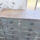 Patinated blue workshop furniture with XL drawers in oak and beech.