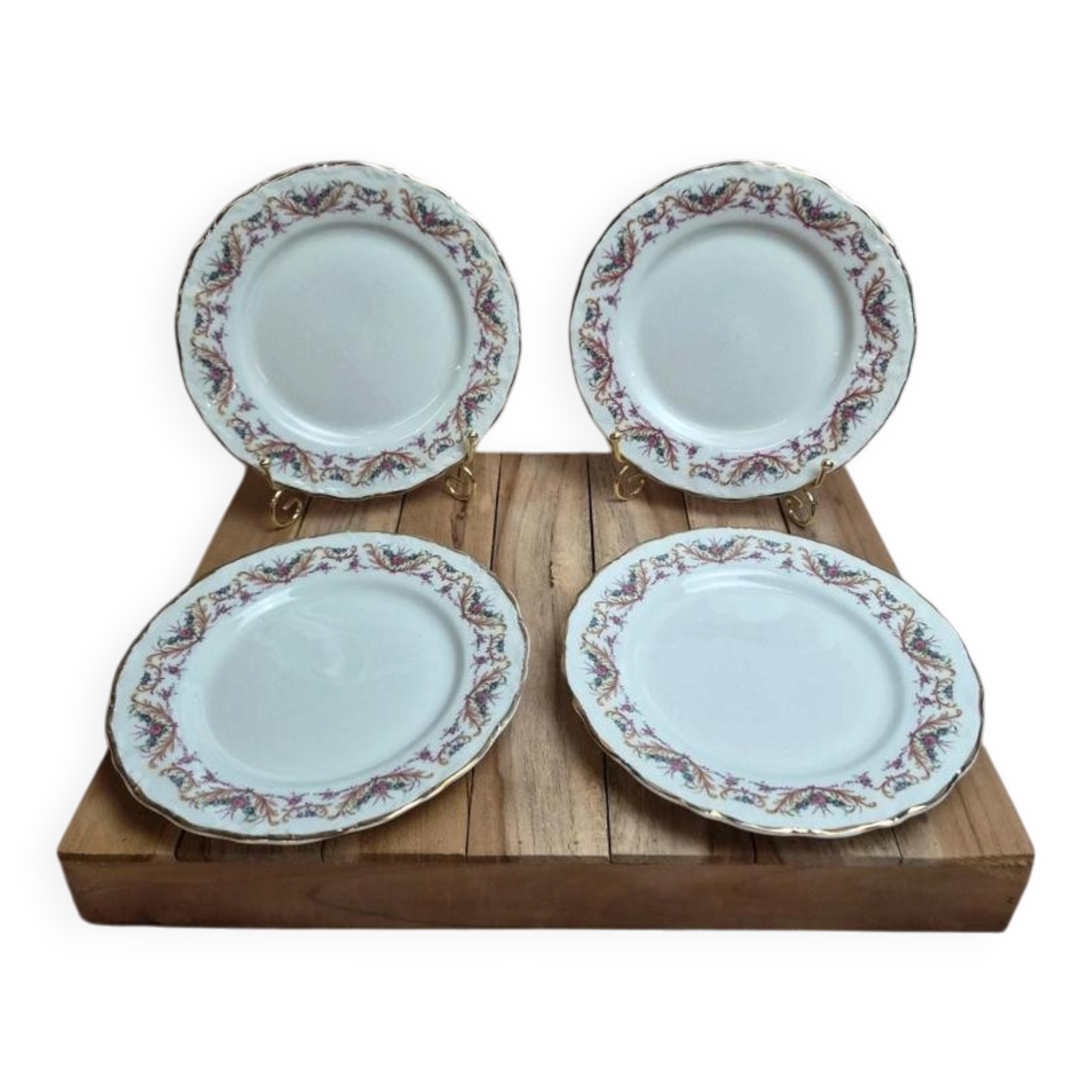 Set of 4 dessert plates French porcelain Digoin romantic floral gold decoration