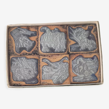Vintage Complete School Box with Six Rubber Stamps About Prehistoric Cargo Transport.