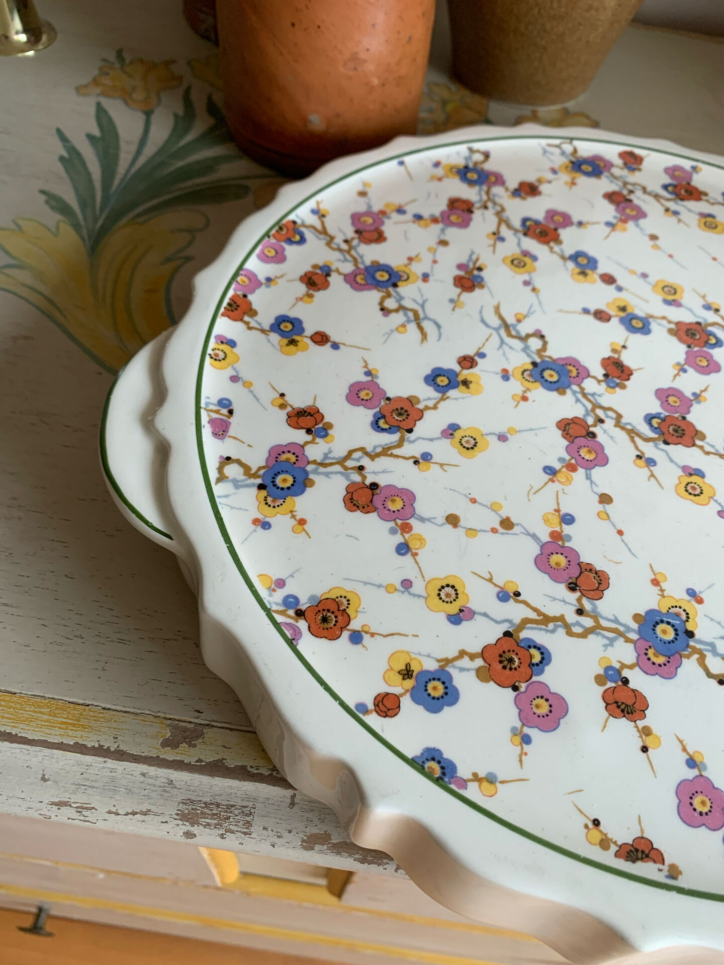 Vintage pie dish in earthenware with handles – Japanese floral pattern
