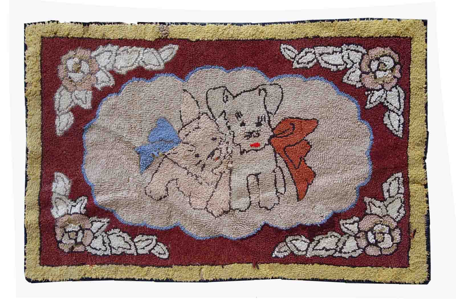 Old American Carpet Hooked handmade 55cm x 87cm 1930s, 1C458