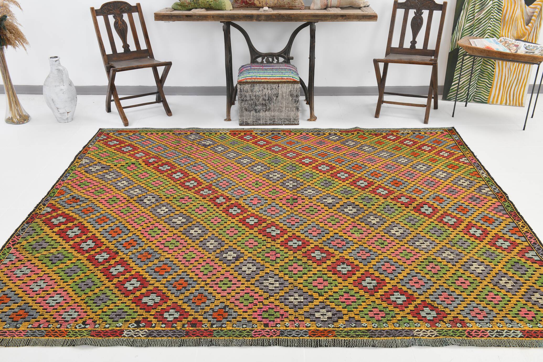 7x9 Yellow Green Handmade Wool Scandinavian Kilim Rug