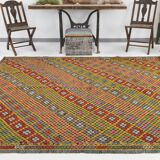 7x9 Yellow Green Handmade Wool Scandinavian Kilim Rug