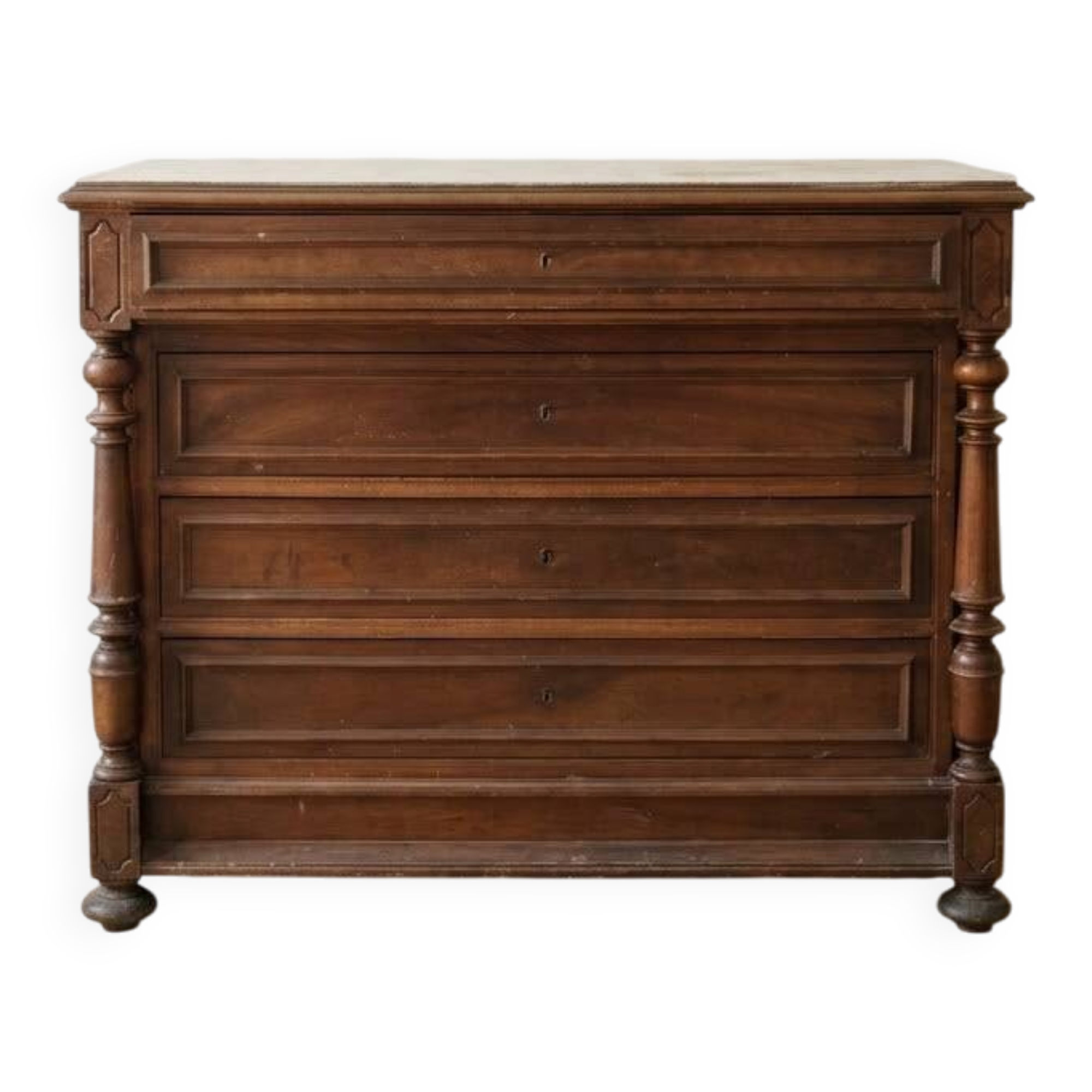 Antique wooden and white marble chest of drawers with 4 drawers.
