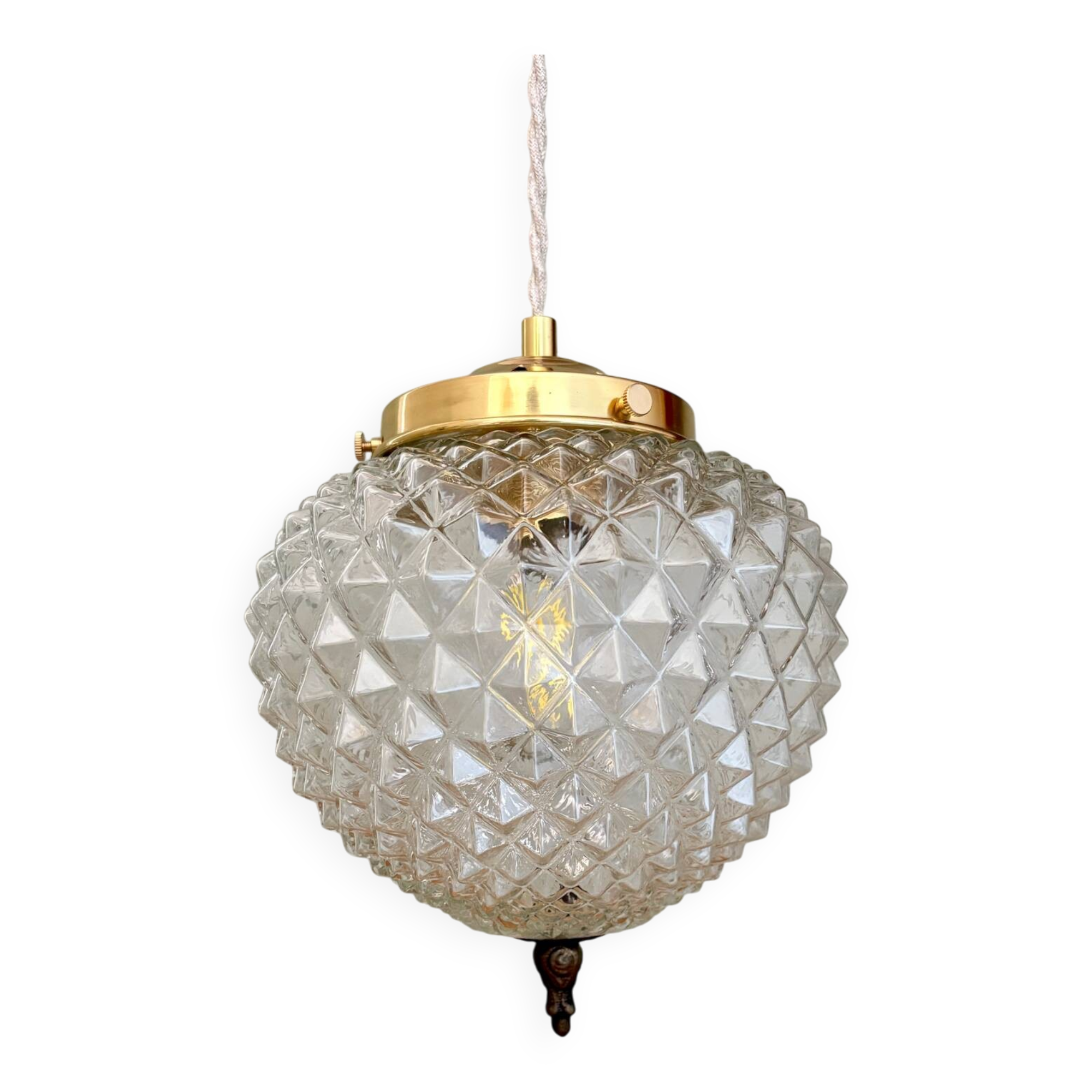 Vintage diamond-point glass globe pendant light