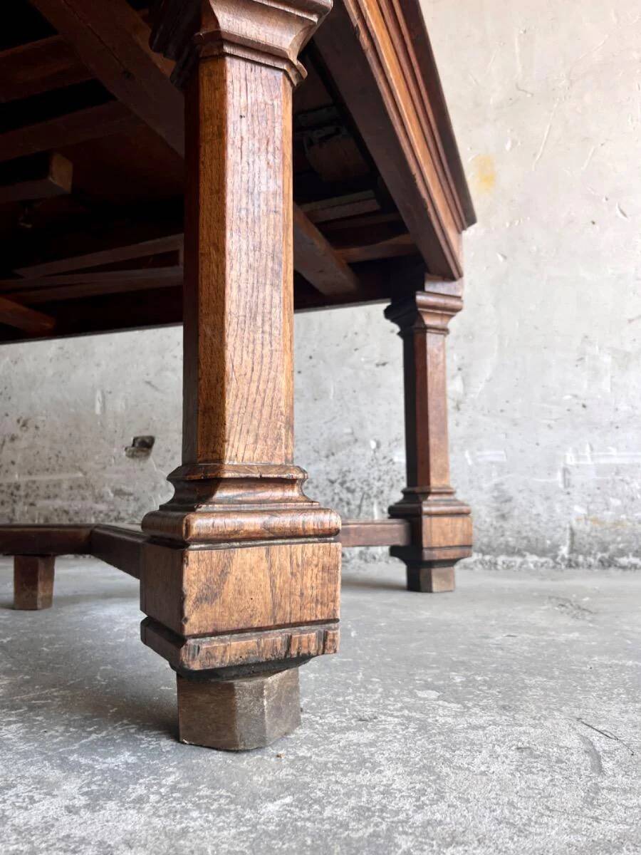 Dark brown solid wood French neo-renaissance square dining table with cross base