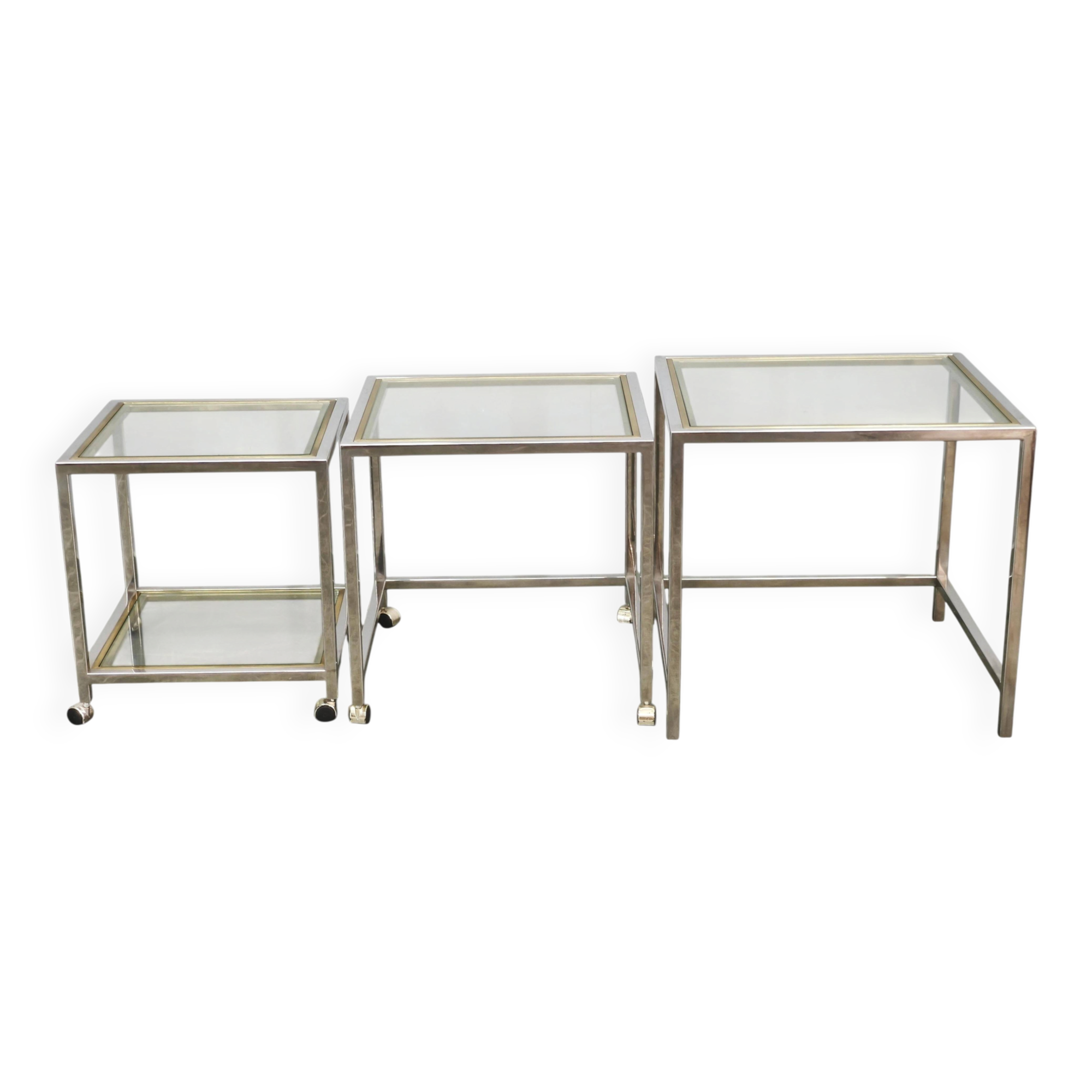 1970s Italian Chrome, Brass and Glass Nesting Tables, Set of Three