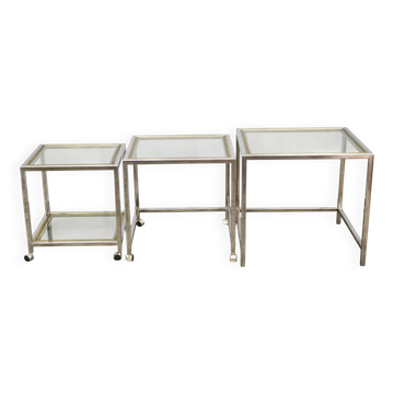 3 tables gigognes italiennes en chrome, laiton et verre, années 1970