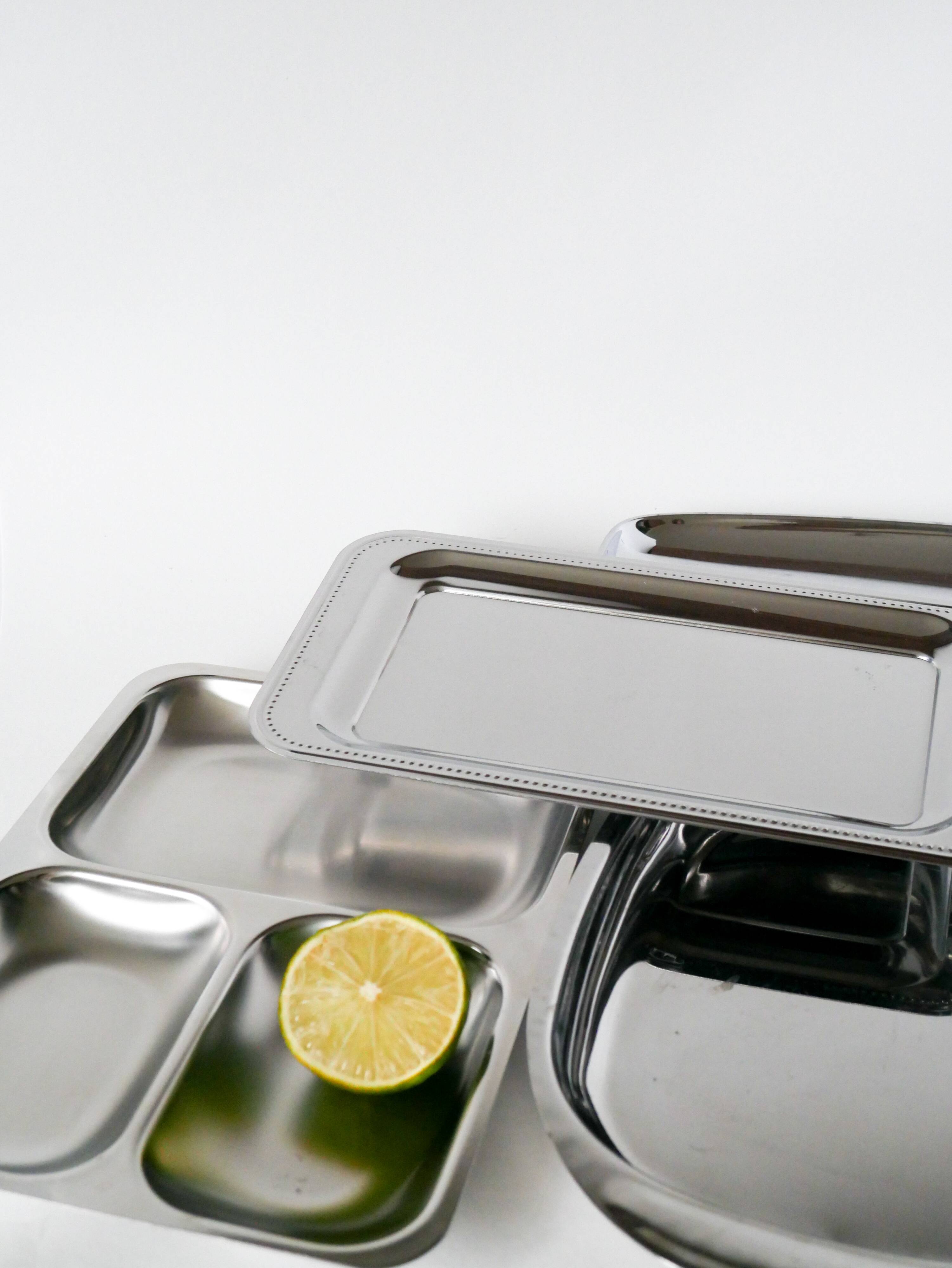 Rectangular stainless steel dish, rounded edges Design, 1970