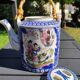 Asian, Japanese fine porcelain teapot with woven bamboo handle, vintage 50s