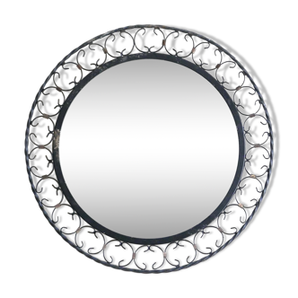 Miroir soleil rond cadre ferronnerie noire années 50 42x30cm