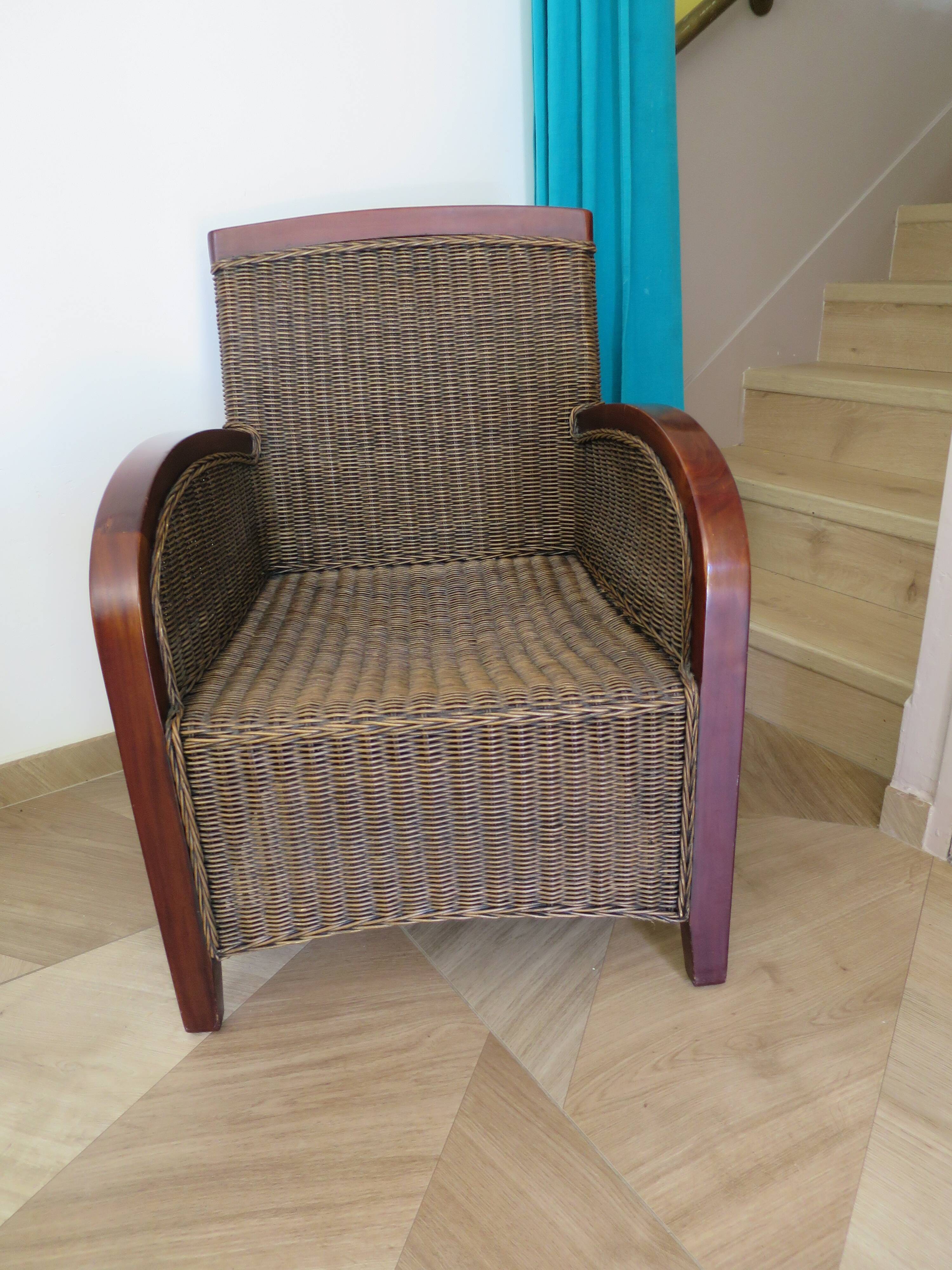 2 armchairs in woven rattan and wood, 1980s