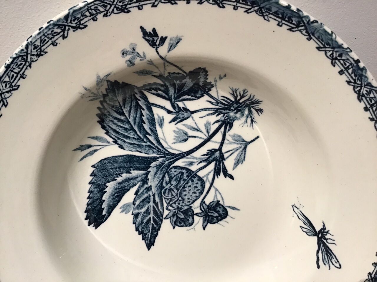 Hollow plate, insect and strawberry décor, Manufacture Choisy the King, Iron Land, H Boulenger - Co.