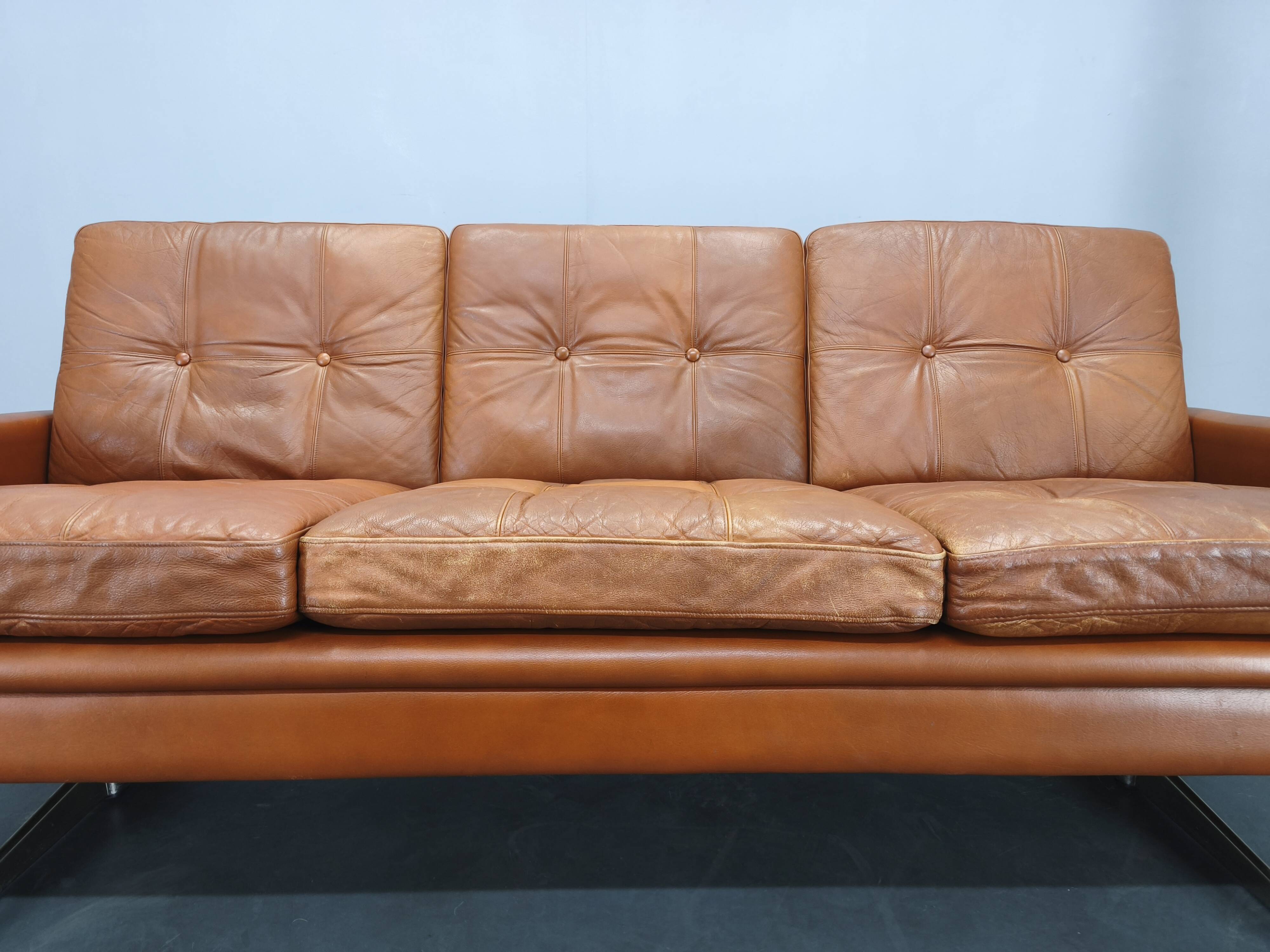 Svend Skipper Danish Leather Sofa Cognac Chrome, 1960s