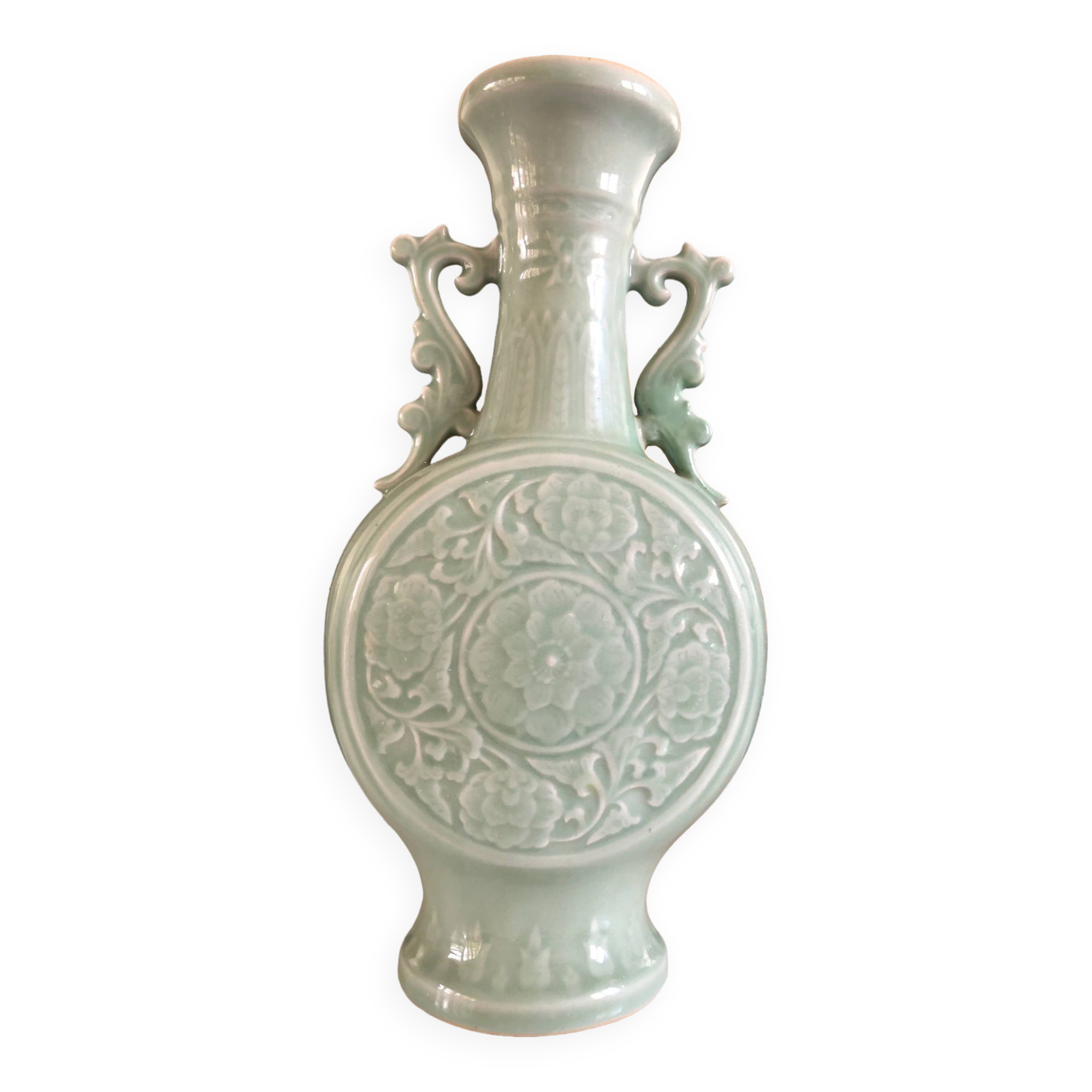 Bianhu Gourd Vase with handles Celadon porcelain/Relief decorations/China Qing dynasty late 19th century