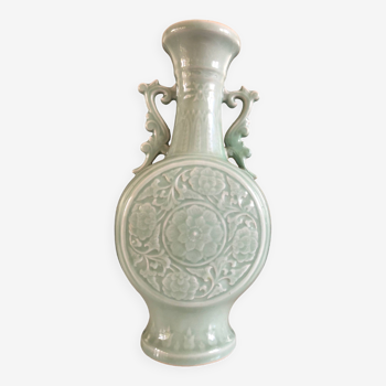 Bianhu Gourd Vase with handles Celadon porcelain/Relief decorations/China Qing dynasty late 19th century